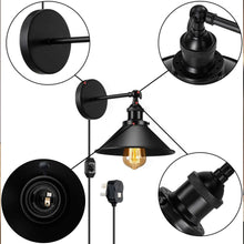 Load image into Gallery viewer, Modern Black Plugin Wall Light Fitting Cone Metal Shade Indoor Sconce Light
