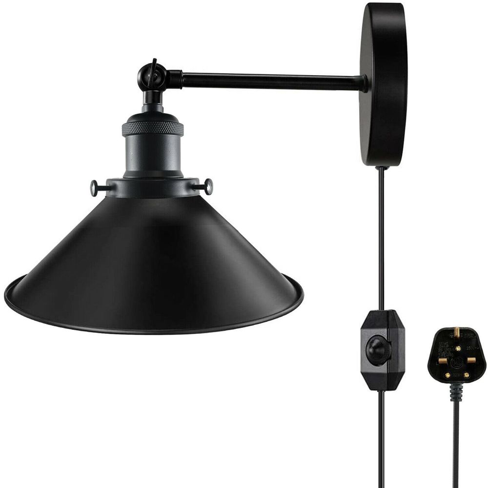 Modern Black Plugin Wall Light Fitting Cone Metal Shade Indoor Sconce Light