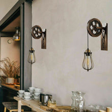 Load image into Gallery viewer, Retro Industrial Pulley Wheel Wall Light Fixture Metal Cage Indoor Light
